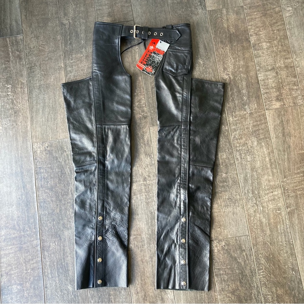 First Co Black Leather Motorcycle Chaps FI‎ M800 MN Small NWT